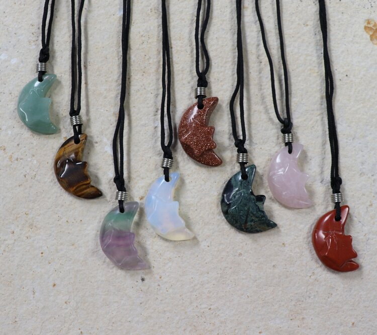 Carved Gemstone Pendant w/Cord Crescent Moon w/ Star