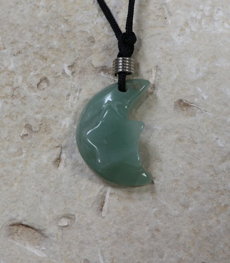 Carved Gemstone Pendant w/Cord Crescent Moon w/ Star