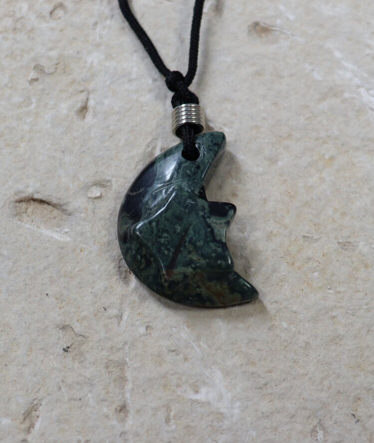 Carved Gemstone Pendant w/Cord Crescent Moon w/ Star