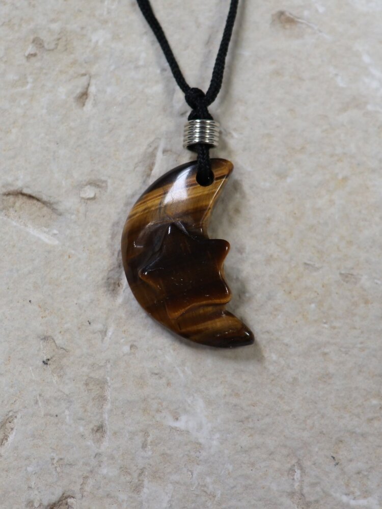 Carved Gemstone Pendant w/Cord Crescent Moon w/ Star