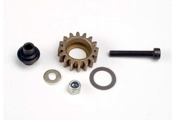 Traxxas Idler gear, steel (16-tooth)/ idler gear shaft/ 3x8mm flat metal washer/ 8x12x0.5mm PTFE-coated washer/ 3x6mm flat metal washer/ 3mm nylon locknut 3x20mm cap hex machine screw