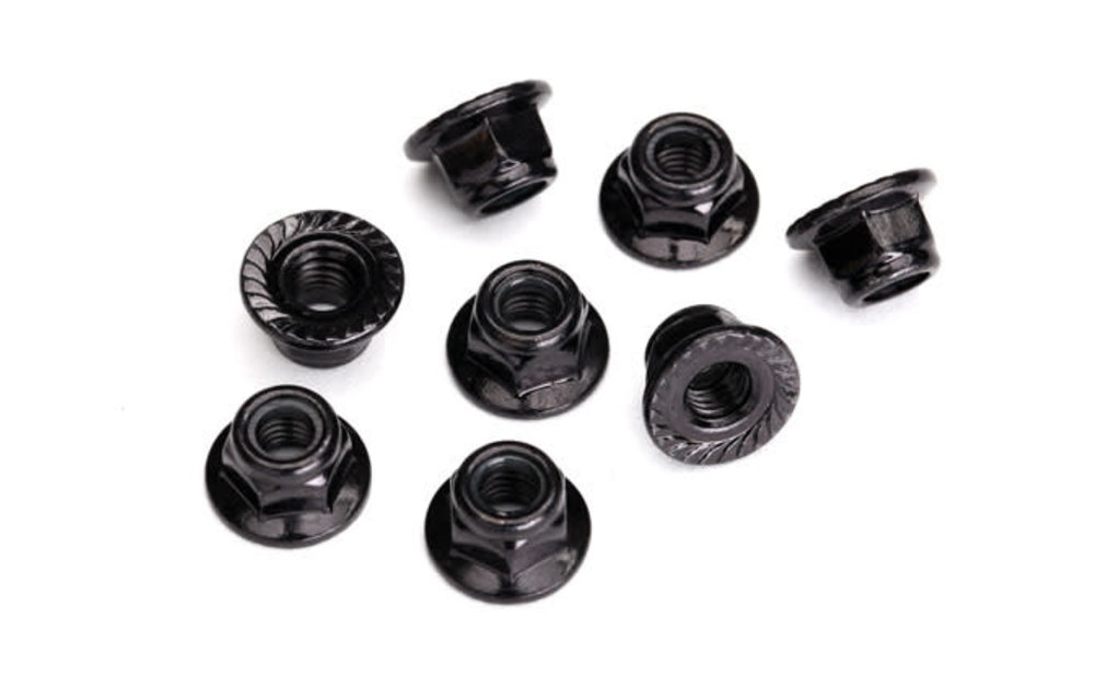 Nuts, 5mm flanged nylon locking (steel, black serrated) (8) TRA8447