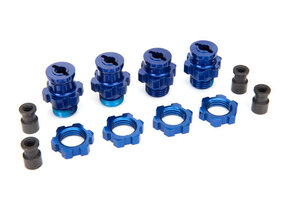 Traxxas Wheel hubs, splined, 17mm, short (2), long (2)/wheel nuts, splined, 17mm (4) (blue-anodized)/ hub retainer M4x0.7 (4)/axle pin (4)/wrench, 5mm