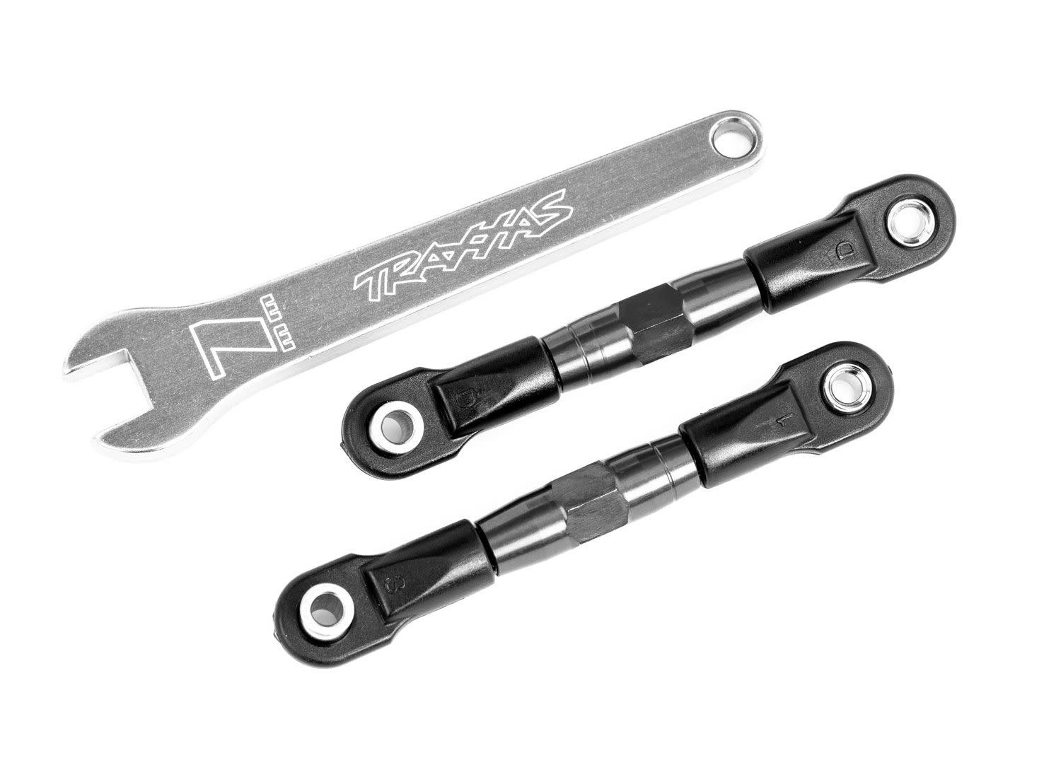 Camber links, rear (TUBES charcoal gray-anodized, 7075-T6 aluminum) (2) (assembled with rod ends and hollow balls)/ aluminum wrench (1), TRA2443A
