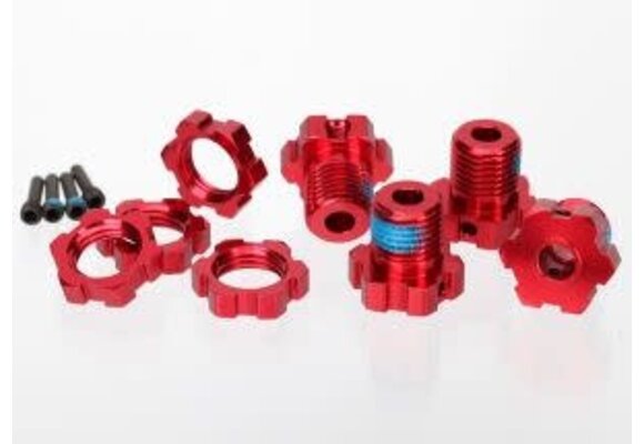 Traxxas Wheel hubs, splined, 17mm (red-anodized) (4)/ wheel nuts, splined, 17mm (red-anodized) (4)/ screw pins, 4x13mm (with threadlock) (4)