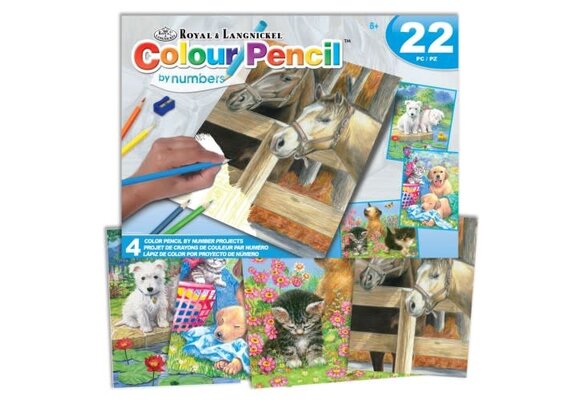 Animals (Horses, Dogs, Cats) Pencil by Number 22pc Activity Set (4 Projects) Age 8+ (8"x10")