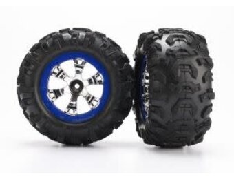 Traxxas Tires and wheels, assembled, glued (Geode chrome, blue beadlock style wheels, Canyon AT tires, foam inserts) (1 left, 1 right)