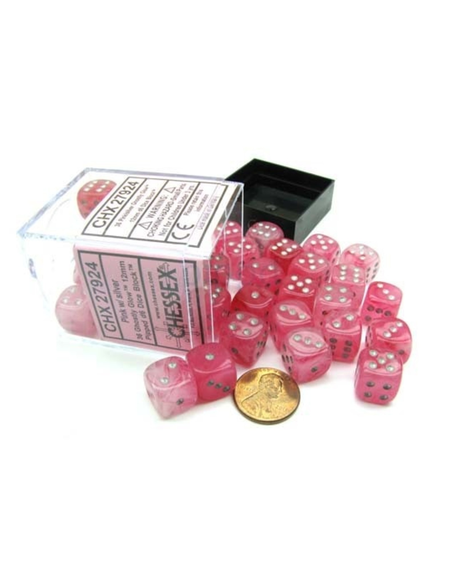 Chessex Chessex: 12mm D6 - Ghostly Glow - Pink w/ Silver