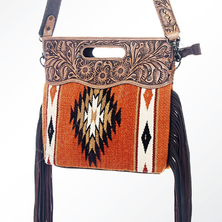 The Pioneer of the Nile  Saddle Blanket and Tooled Leather Crossbody with Leather Fringe Detail