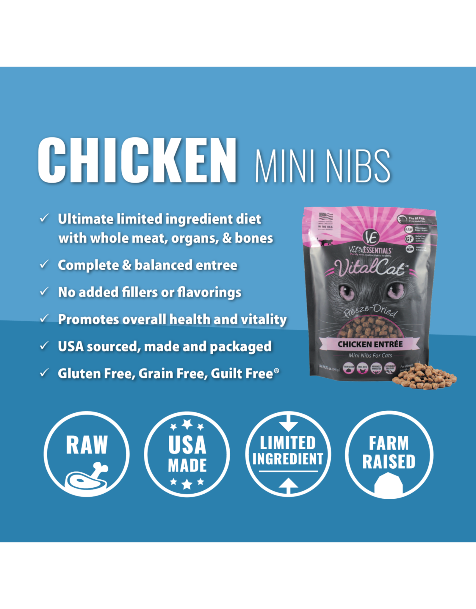 Vital Essentials VITAL CAT FREEZE-DRIED MINI NIBS CHICKEN ENTRÉE 12OZ