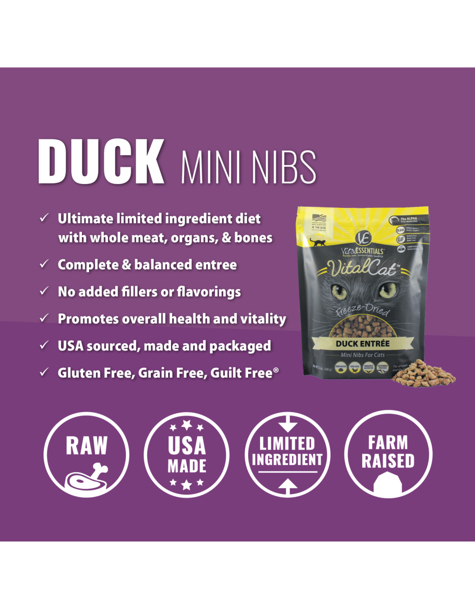 Vital Essentials VITAL CAT FREEZE-DRIED MINI NIBS DUCK ENTRÉE 12OZ