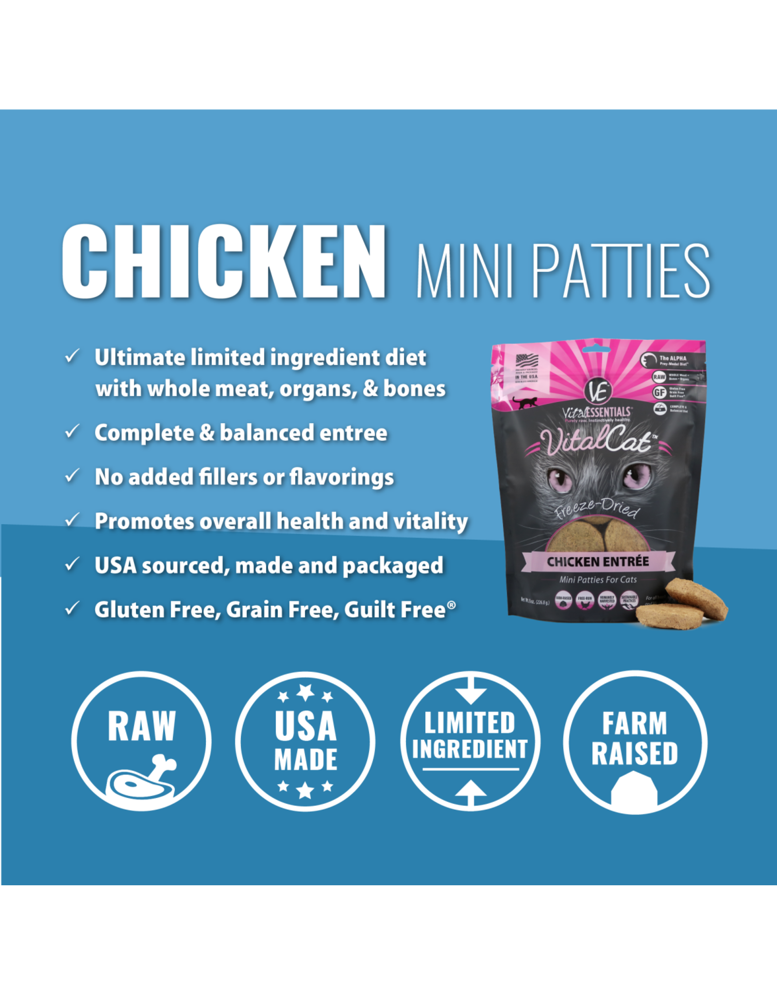 Vital Essentials VITAL CAT FREEZE-DRIED MINI PATTIES CHICKEN ENTRÉE 8OZ