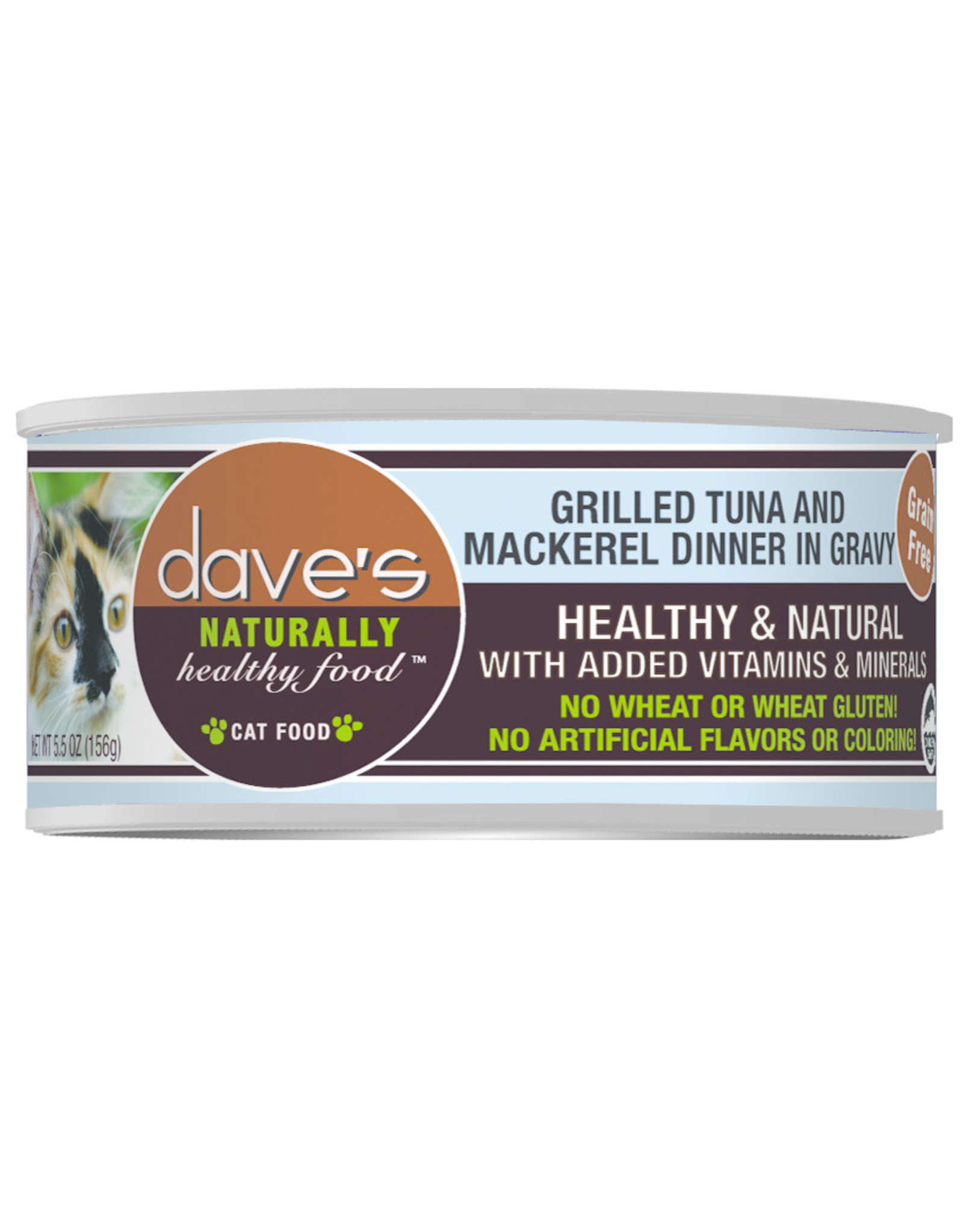 Dave's Pet Food DAVE'S CAT NATURALLY HEALTHY FOOD GRILLED TUNA AND MACKEREL DINNER IN GRAVY 5.5OZ