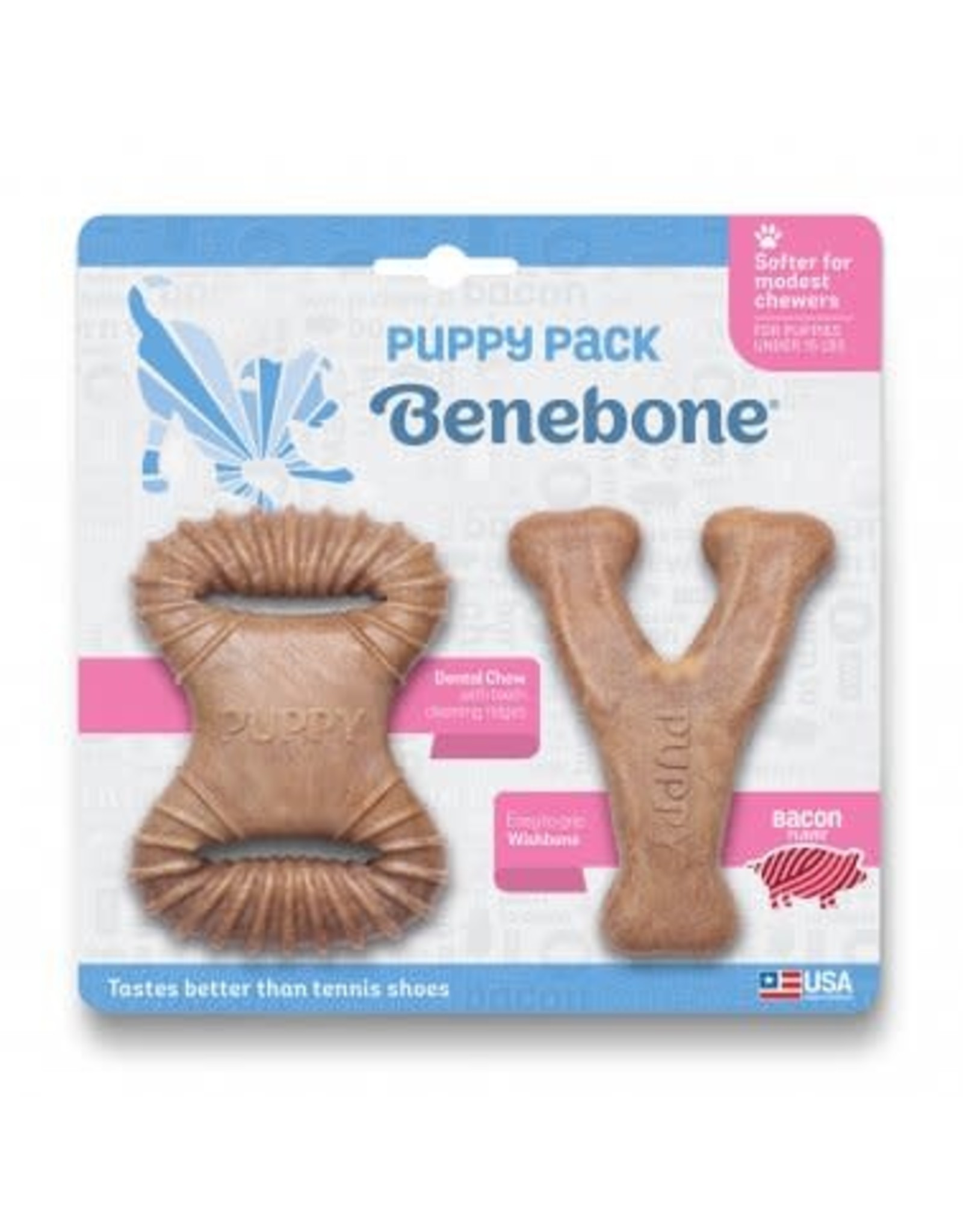 Benebone BENEBONE PUPPY 2-PACK BACON DENTAL CHEW TOY & WISHBONE CHEW TOY