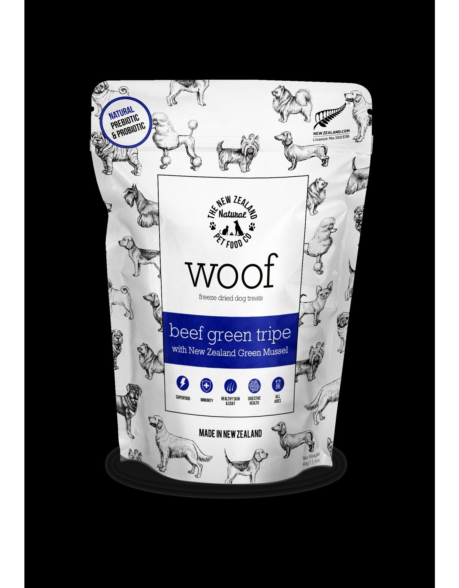 THE NEW ZEALAND NATURAL PETFOOD CO- WOOF WOOF DOG FREEZE DRIED BEEF & TRIPE TREAT 1.76OZ