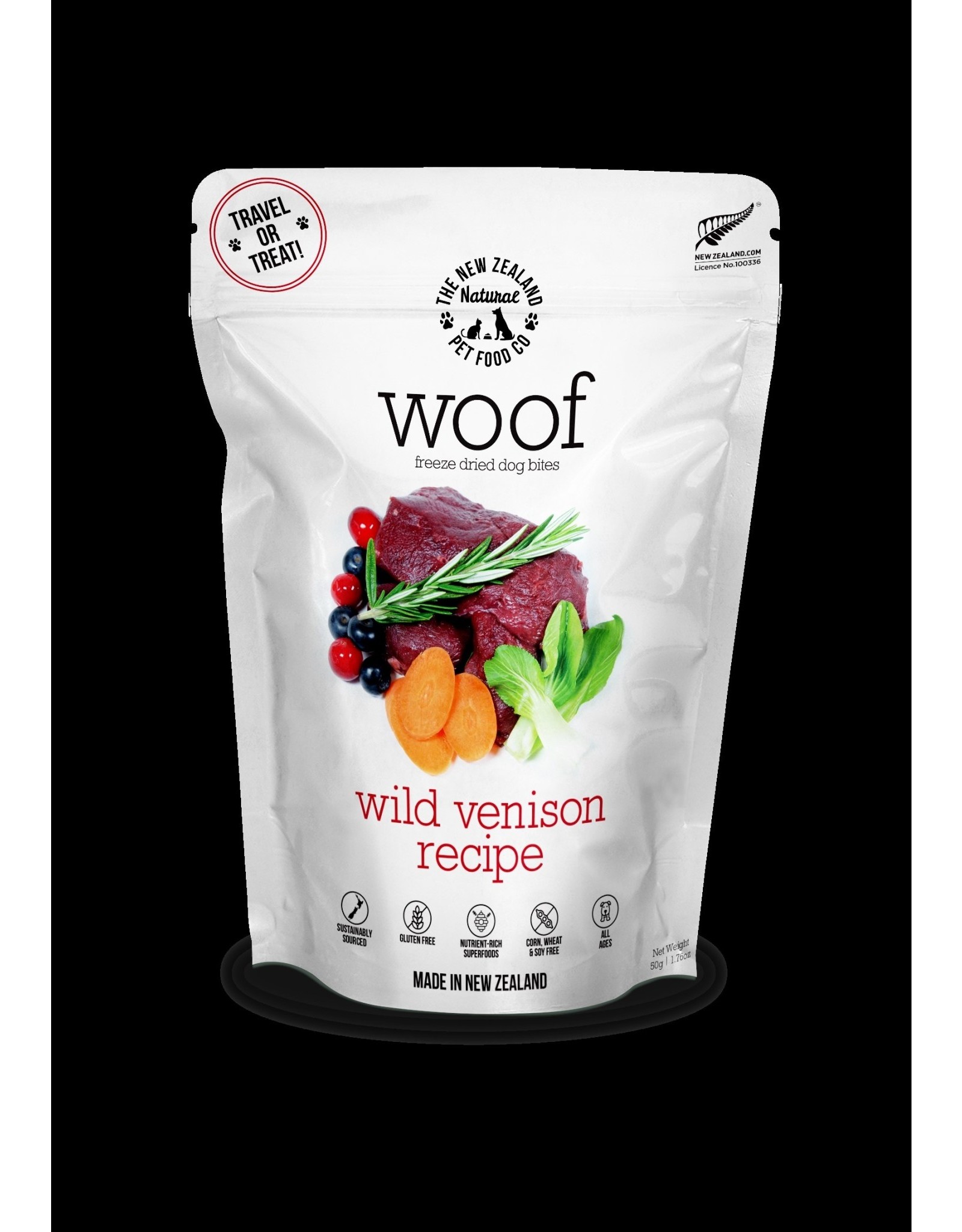 THE NEW ZEALAND NATURAL PETFOOD CO- WOOF NEW ZEALAND DOG WOOF FREEZE DRIED VENISON MORSELS