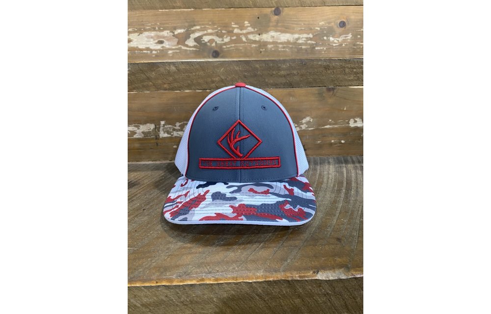 Tri Clor Grey White Red Grey Camo Bill White Mesh Embroidered Antler Red Stitching S/M