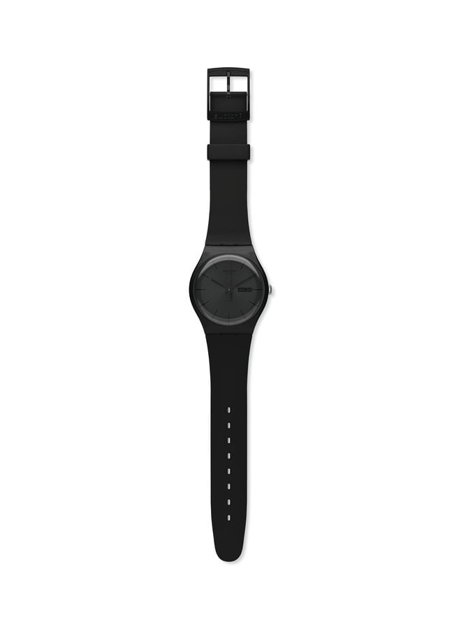 Swatch rebel black background black silicone strap