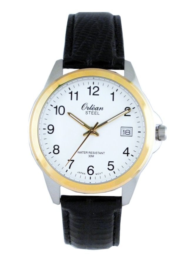 Orlean men's 2-tone steel black leather strap date 40mm