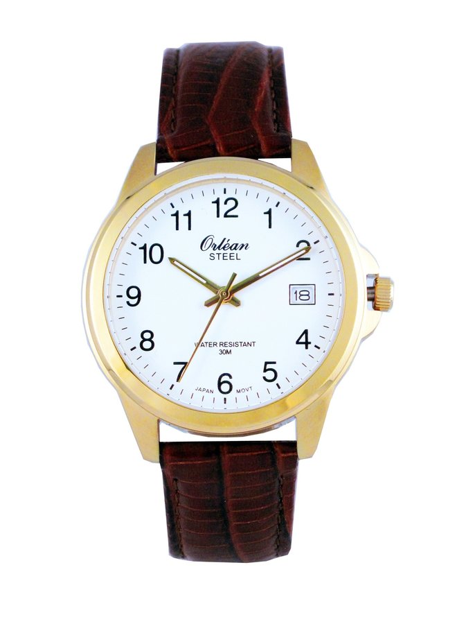 Orléan homme acier doré bracelet cuir brun 40mm