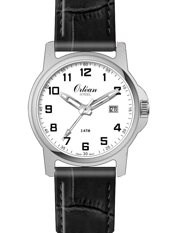 Orlean homme acier fond blanc bracelet cuir noir 40mm