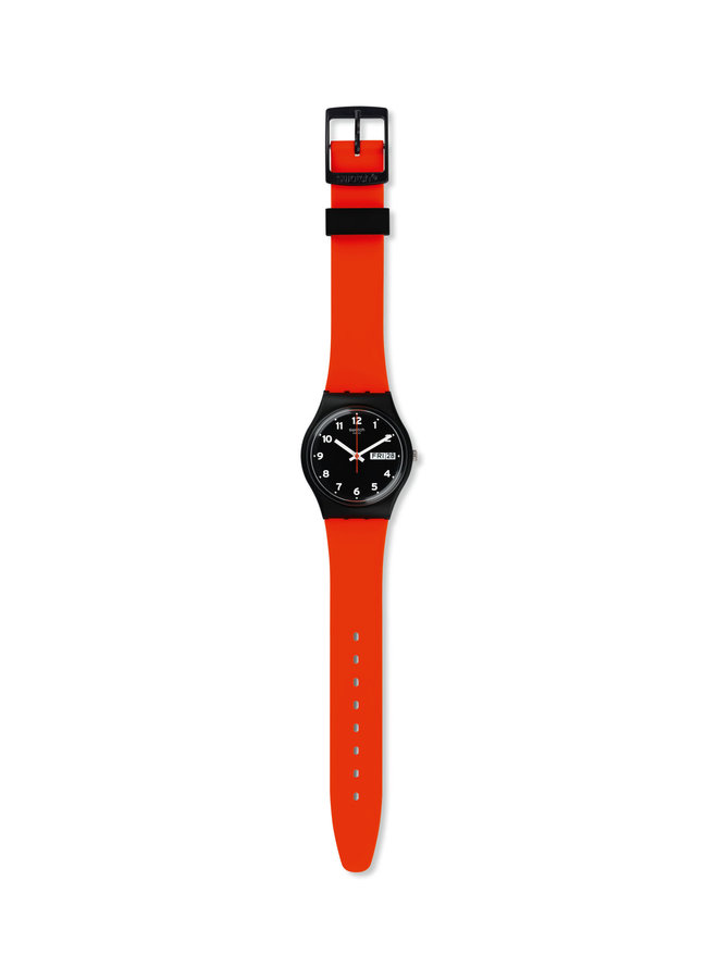 Swatch black background red silicone strap 34mm