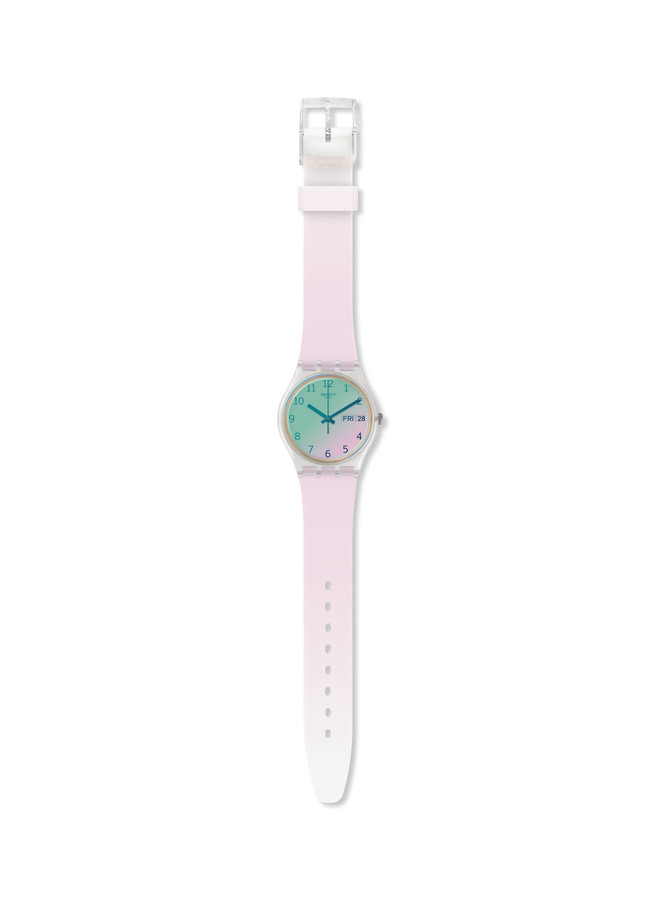 Swatch fond dégradé turquoise rose bracelet silicone rose pale