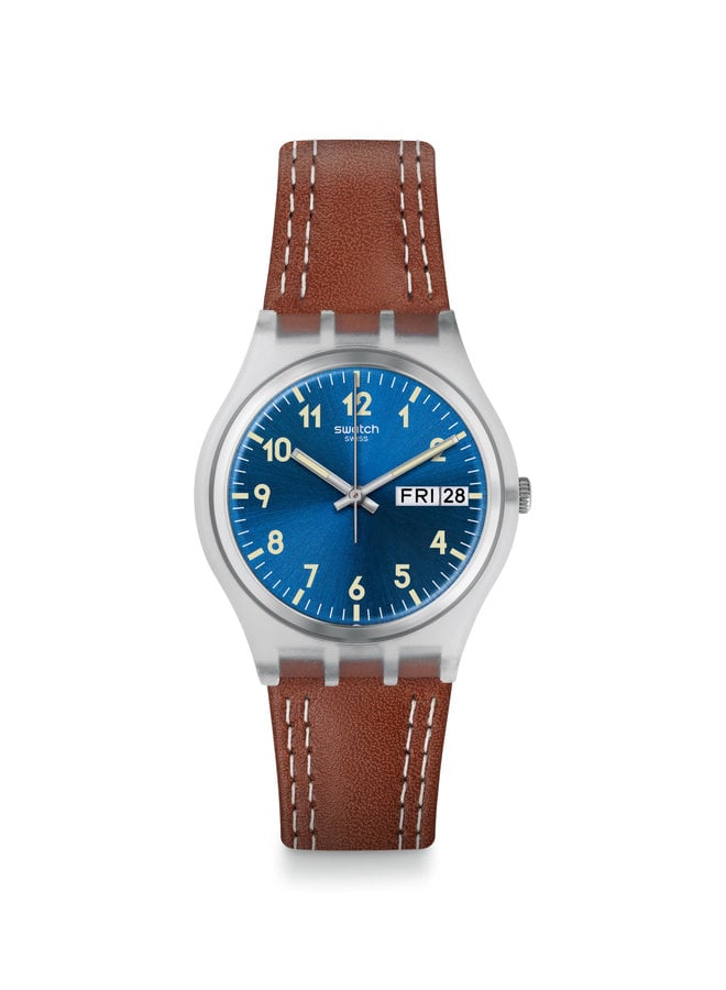 Swatch windy dune fond bleu bracelet cuir brun 34mm