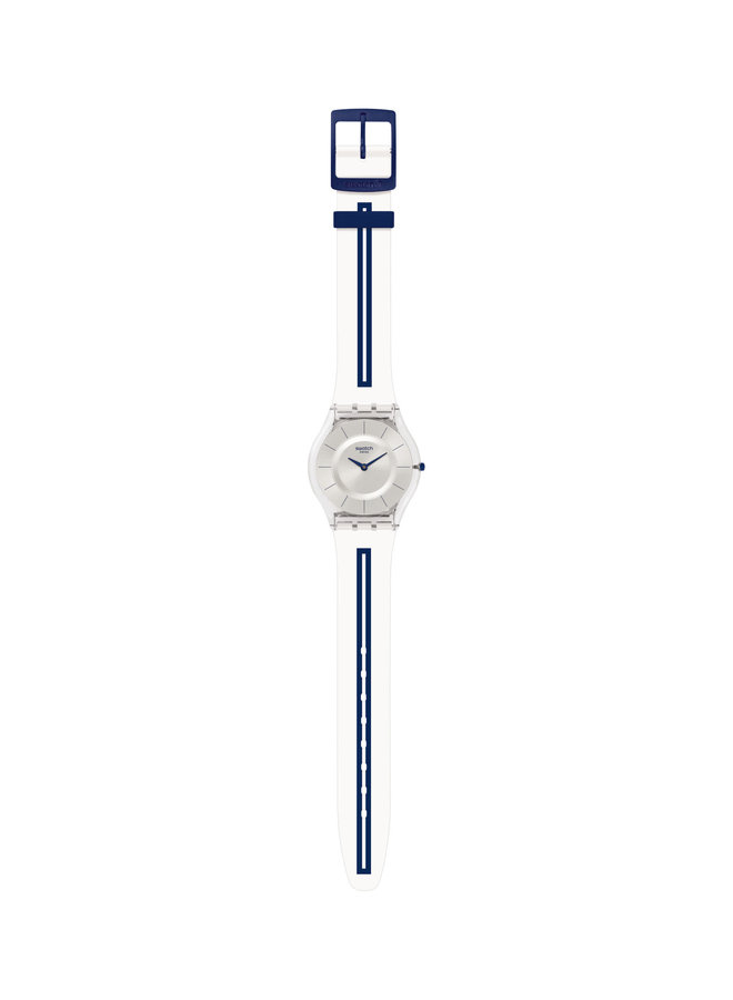 Swatch mediolino silver background white silicone strap navy blue line 34mm