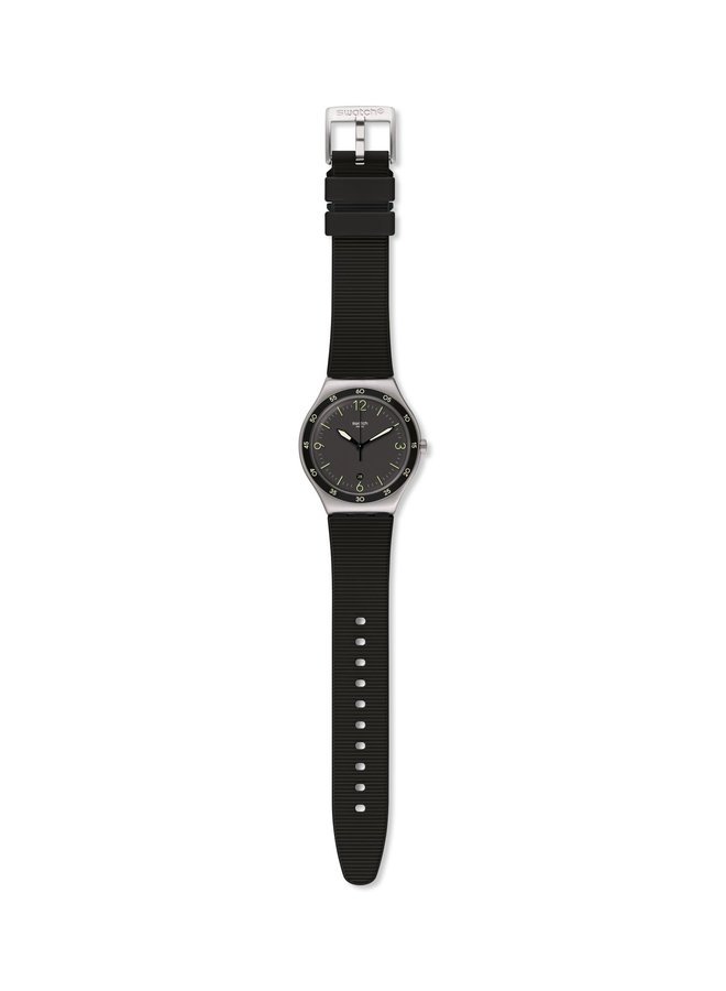 Swatch Classique acier inoxydable fond noir bracelet caoutchouc noir 43mm