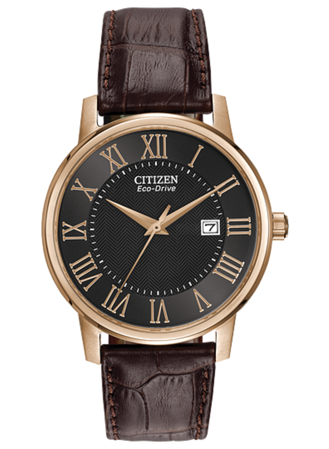 Citizen Eco-drive acier jaune bracelet cuir brun