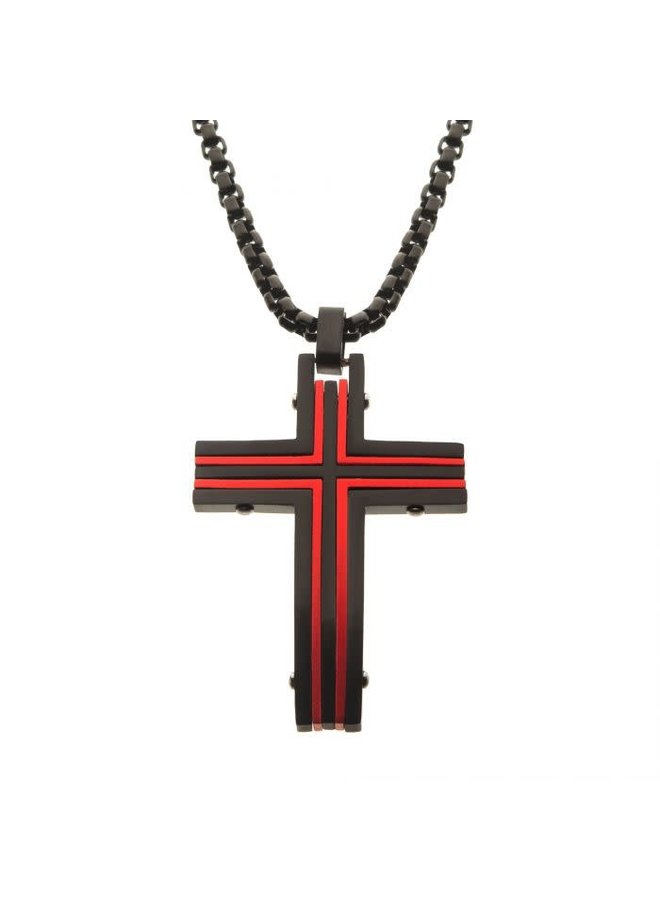 Chaine acier noir avec croix rouge et noir 24''