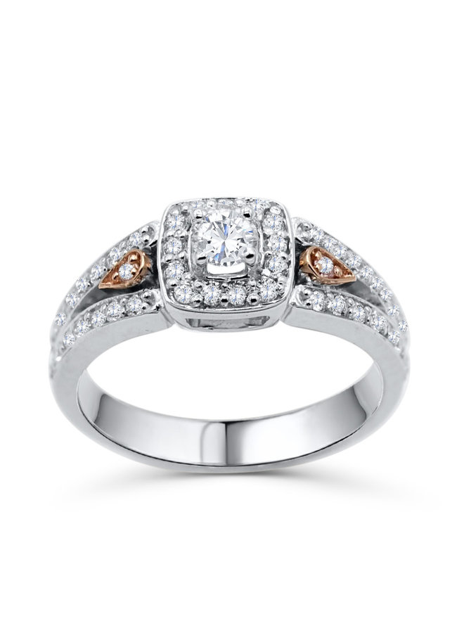 Bague 14k 2 tons halo diamant 1x0.20ct 0.48ct I GH