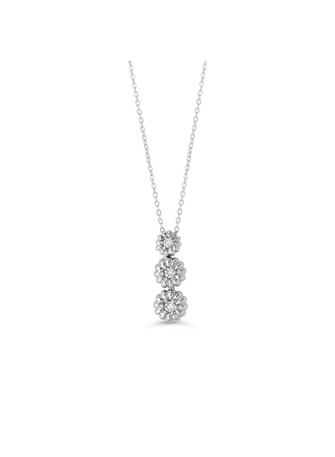 Pendentif 10k blanc trio fleur 3 diamants totalisant 0.53ct chaine cable 18'' inclus
