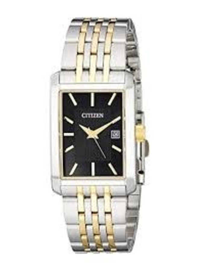 Citizen quartz acier 2 tons fond noir rectangle 38.5x26mm