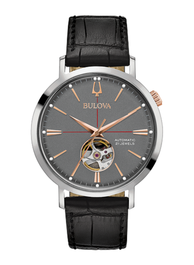 Bulova automatique acier cuir noir fond noir 39mm