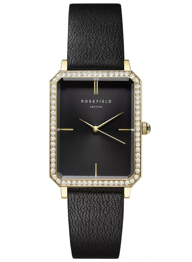 Rosefield acier or rectangle cristaux cuir noir 23mm x 29mm