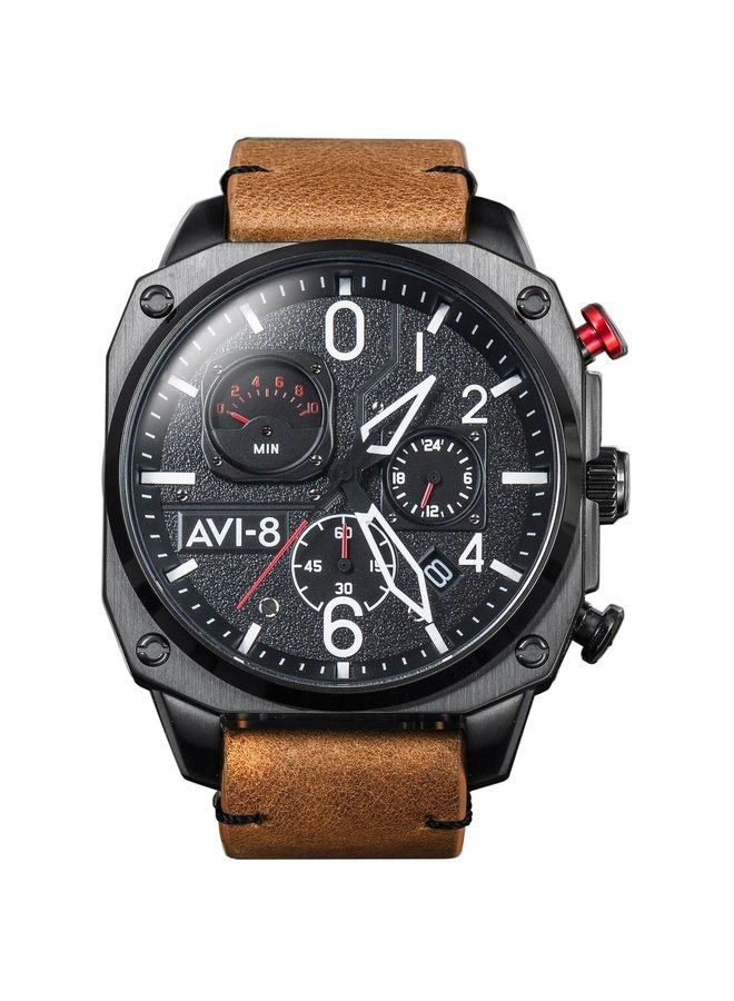 AVI-8 Hawker hunter retrograde chrono acier noir bracelet cuir tan 45mm