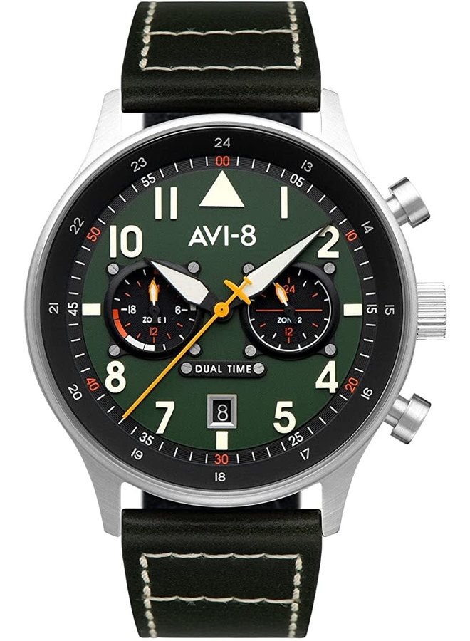 AVI-8 Hawker Hurrica Duel Time  acier bracelet cuir vert forêt 43.5mm