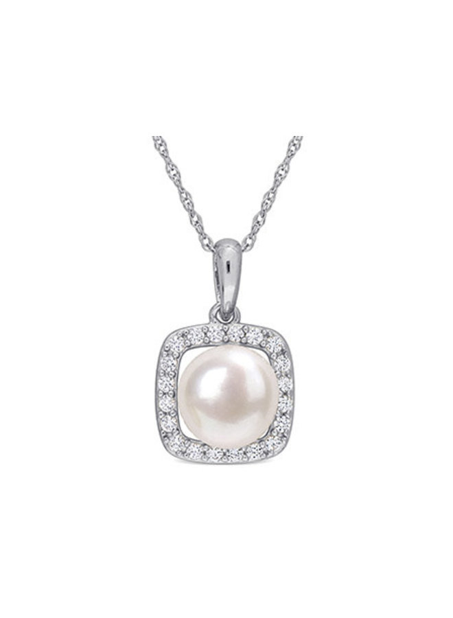 Chaine pendentif 10k blanc perle 7mm diamant 0.20ct