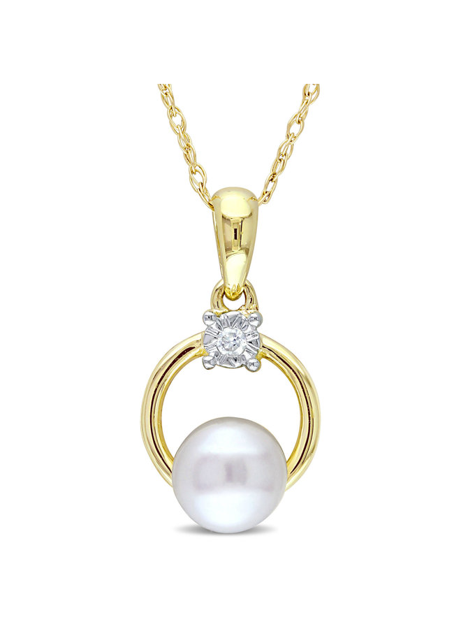 Chaine pendentif 10k jaune perle 6mm diamant 0.015ct