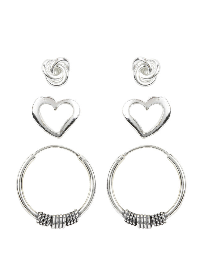 Boucle d'oreille .925 3 paires noeud torsade & coeur & anneau dormeuse travaillé