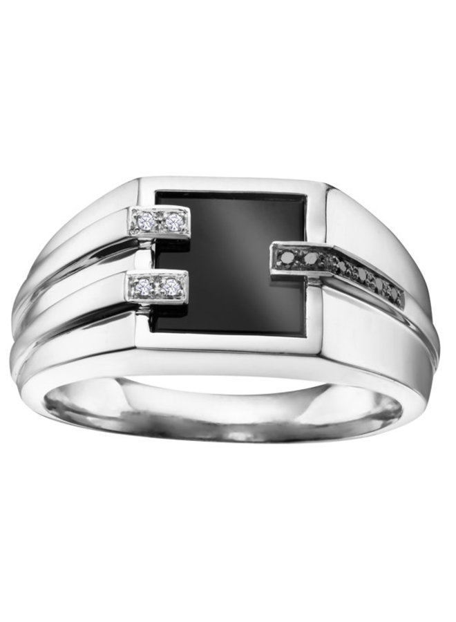 Bague homme 10k blanc Onyx & diamant noir et blanc 4x0.01 et 8x0.01ct noir