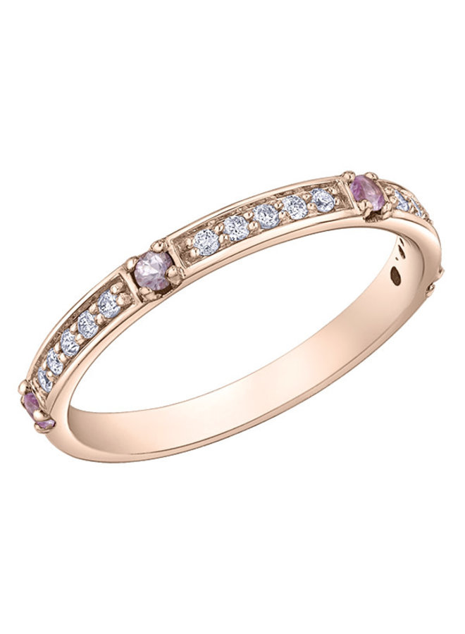 Semi eternity 10k rose gold 15 diamonds = 0.12ct I1 J & 4 pink sapphire