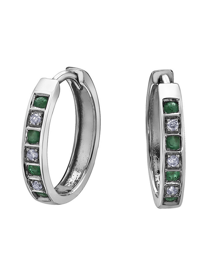 10k white gold huggies earrings 8 emeralds 1.5mm and 6 diamonds = 0.03ct I1 J