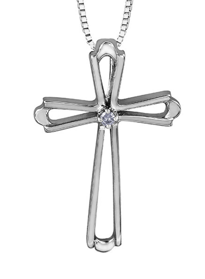 Cross pendant 10k white 1 diamond 0.01ct I1 J chain included