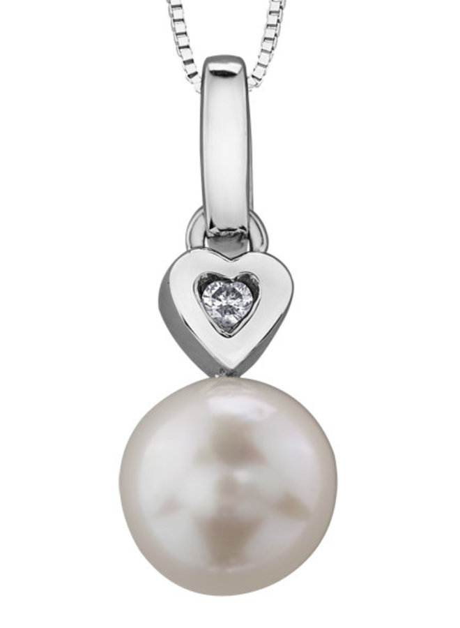 Pendentif 10k blanc perle 6mm & 1 diamant x 0.015ct I1 J chaîne incluse