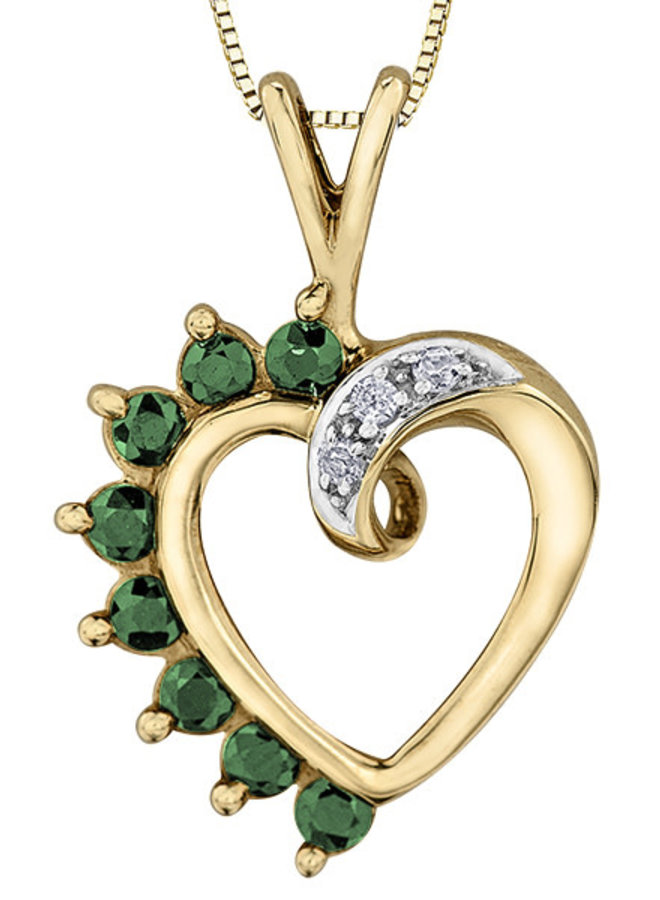 Heart Pendant 10k Yellow 8 Emerald 2mm & 3 Diamonds = 0.03ct I1 J Chain Included