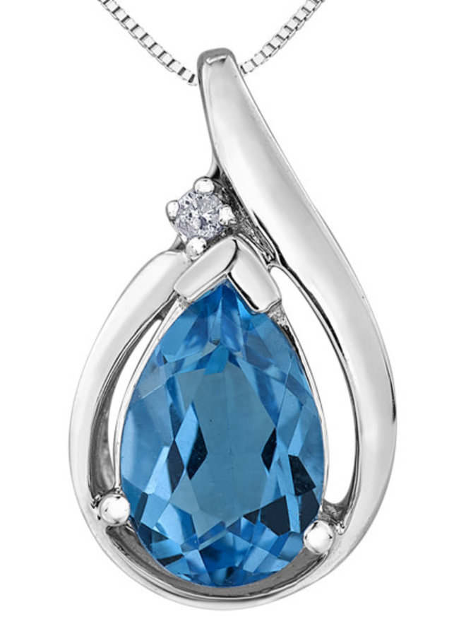 Pendentif 10k blanc topaze bleu 9x6mm & 1 diamant = 0.015ct  I1 J chaîne incluse