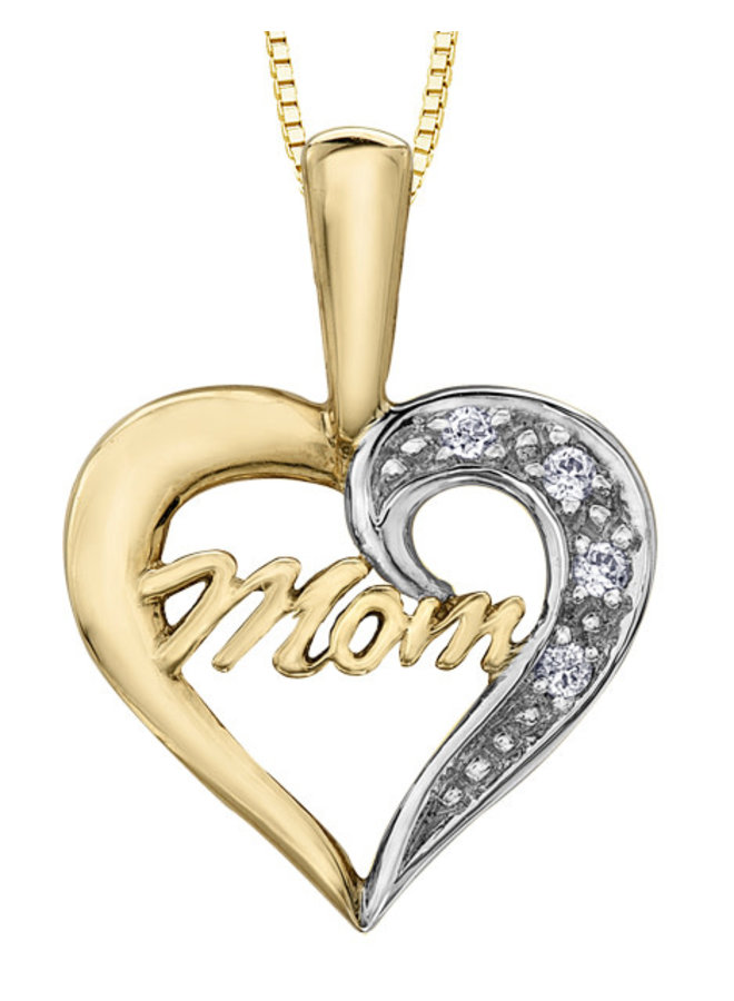 Mom 10K Heart Pendant 2 Tone 4 Diamonds = 0.02ct I1 J Chain Included
